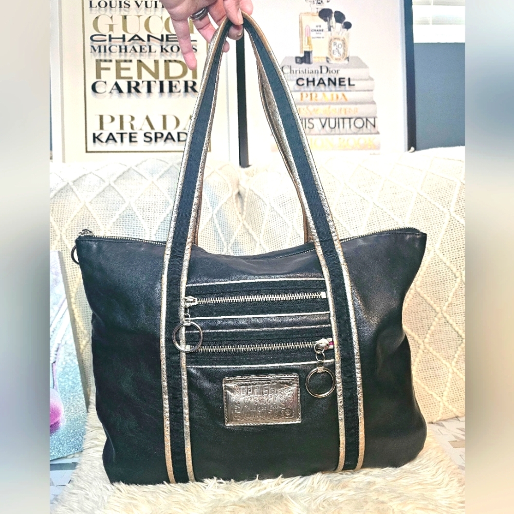 Coach Poppy Silver and Black Leather Tote Bag-GUC